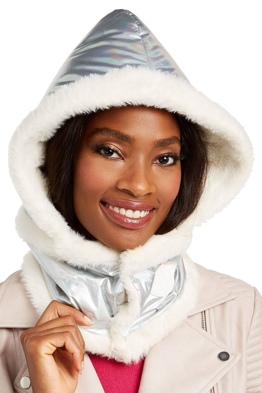 DKNY Metallic Logo Puffer Hood With Faux-fur Trim