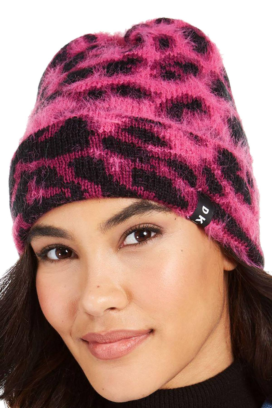 DKNY Pink Fuzzy Animal Print Beanie