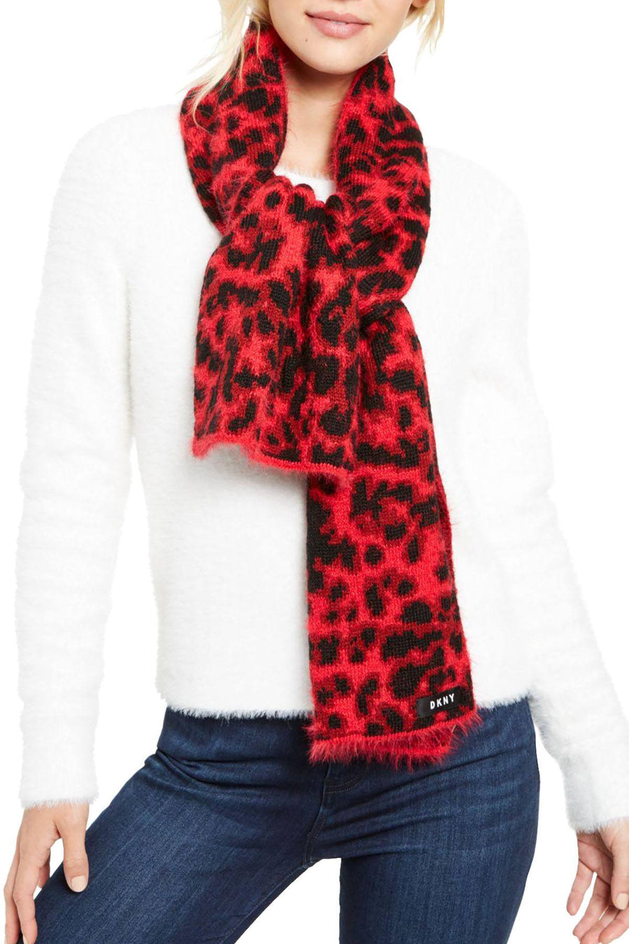 DKNY Red Fuzzy Animal Print Knit Scarf