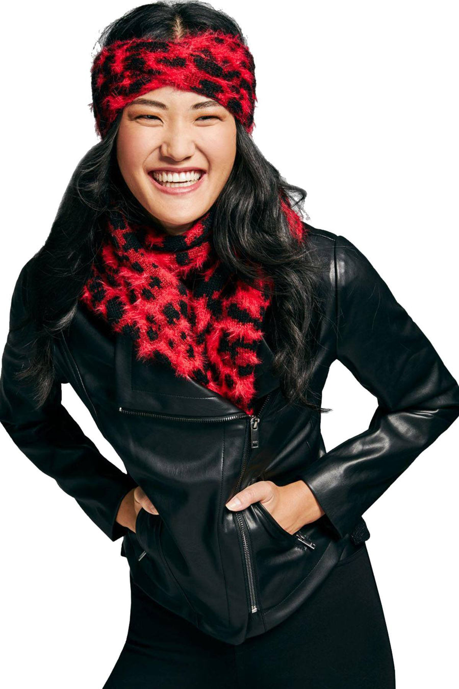 DKNY Red Fuzzy Animal Print Knit Scarf