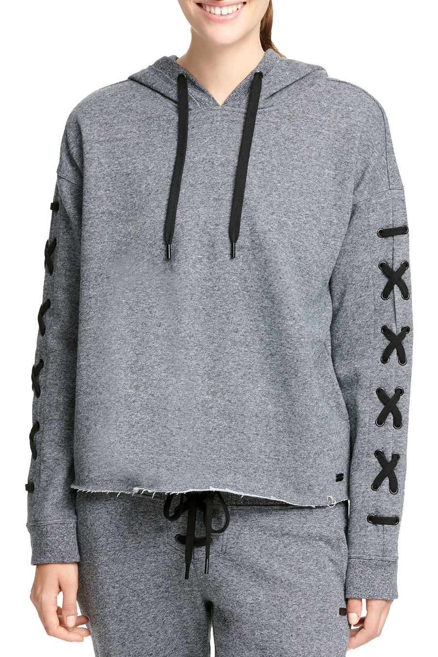 DKNY Sport Black Heather Logo Lace-Up Sleeve Cropped Hoodie