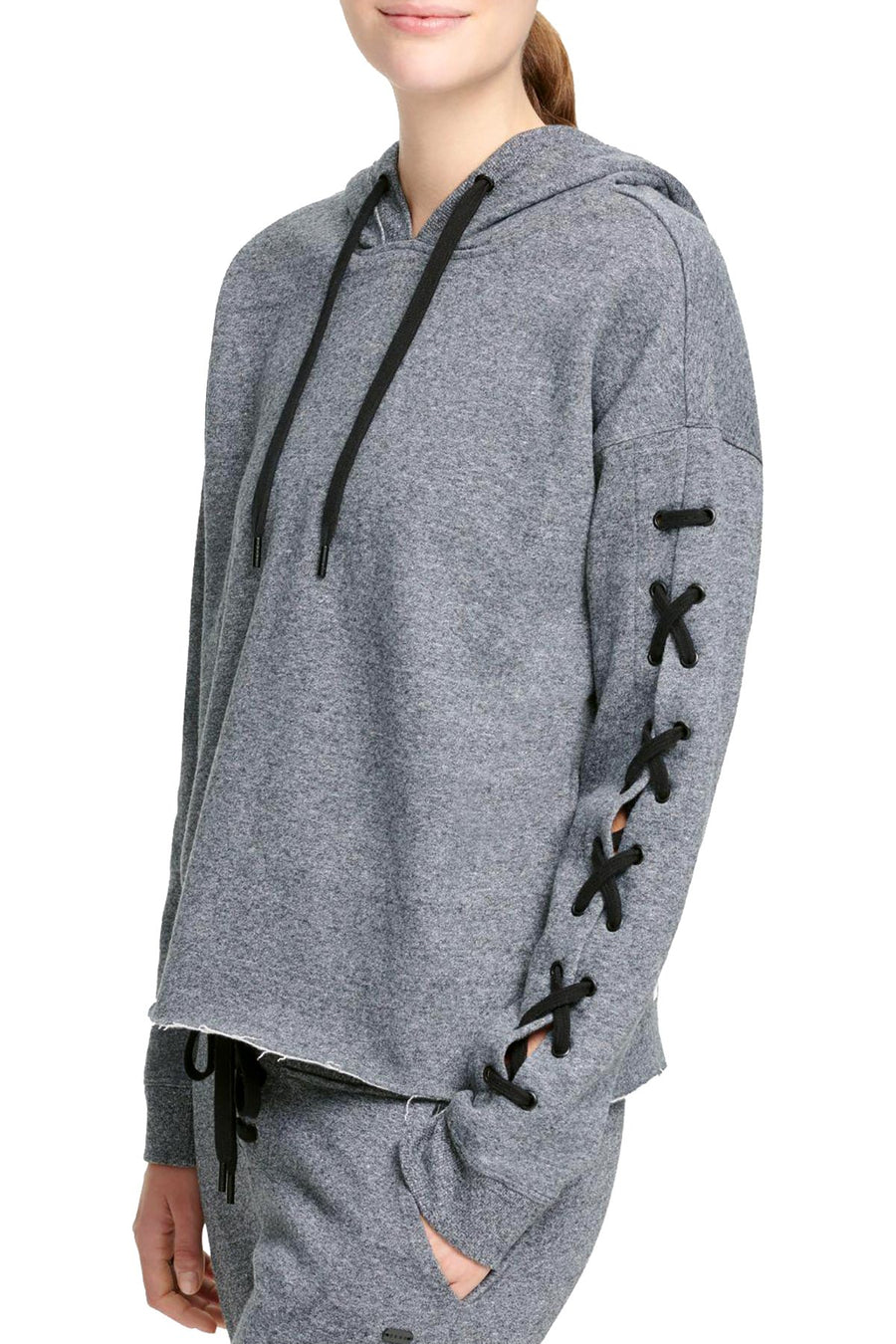 DKNY Sport Black Heather Logo Lace-Up Sleeve Cropped Hoodie