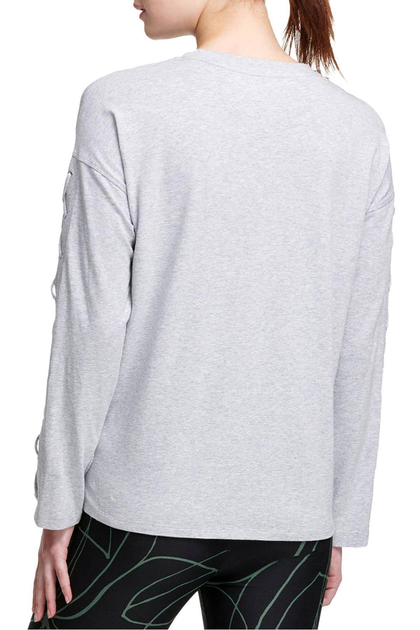 DKNY Sport Pearl Grey Heather Long Lace-Up Sleeves Modal T-Shirt