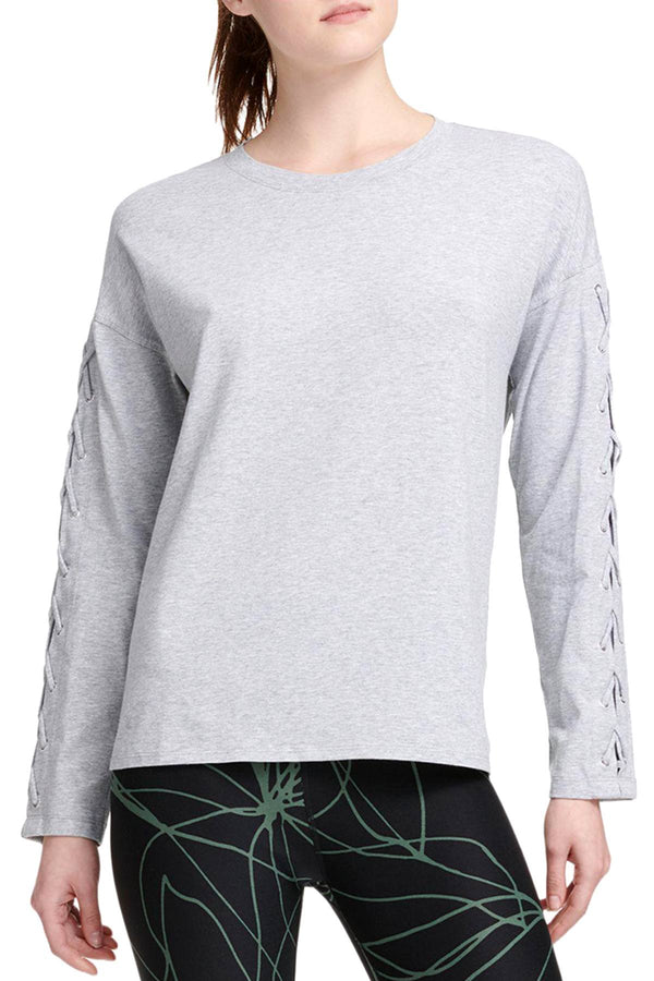 DKNY Sport Pearl Grey Heather Long Lace-Up Sleeves Modal T-Shirt