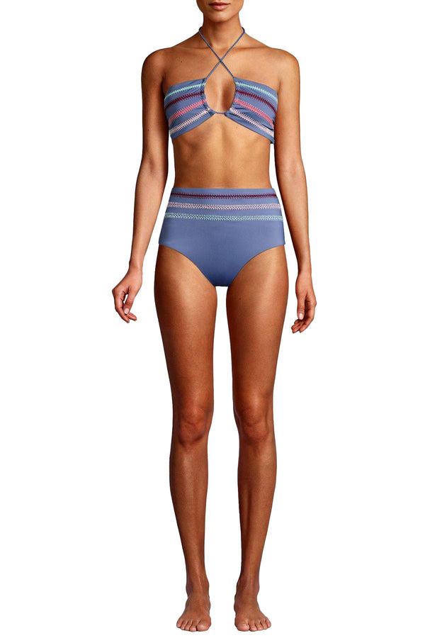 Dolce Vita Embroidered High Waist Bikini Bottom in Pigeon Blue