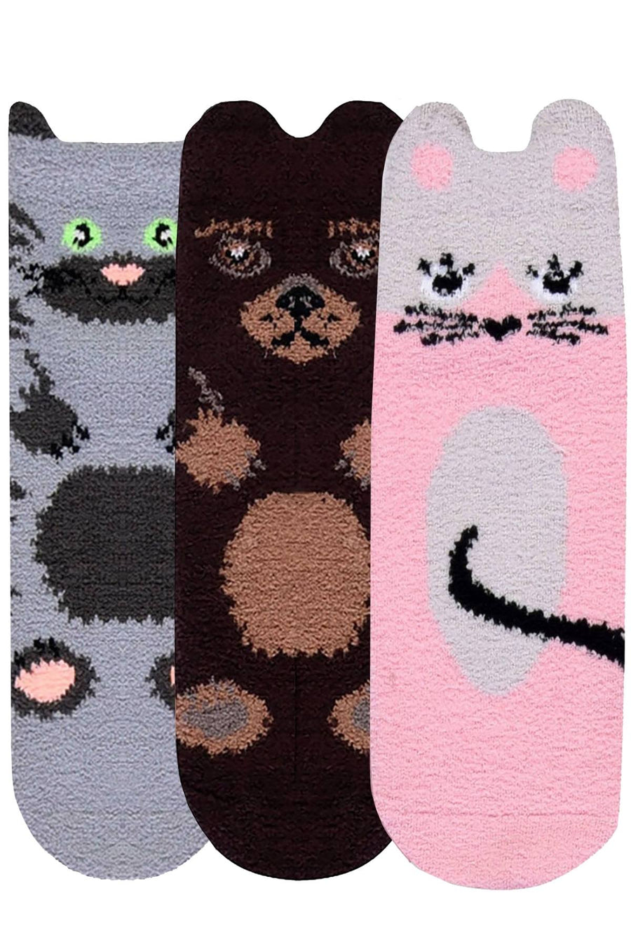 ET TU Bear/Mouse/Cat 3-Pack Cozy Picot Ankle Slipper Socks