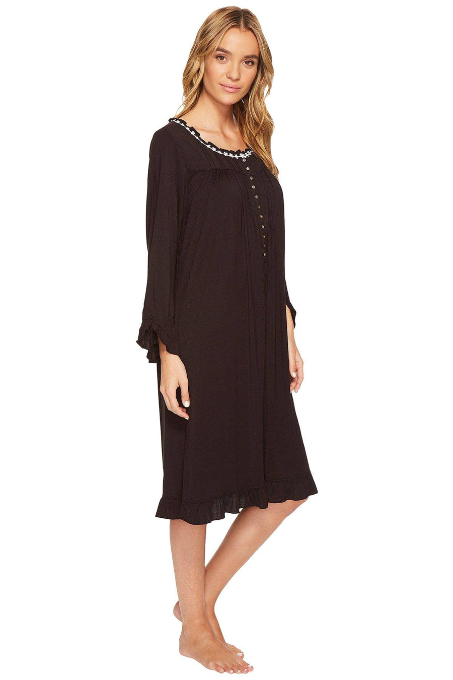 Eileen West Black/White-Trim Long-Sleeve Waltz Nightgown