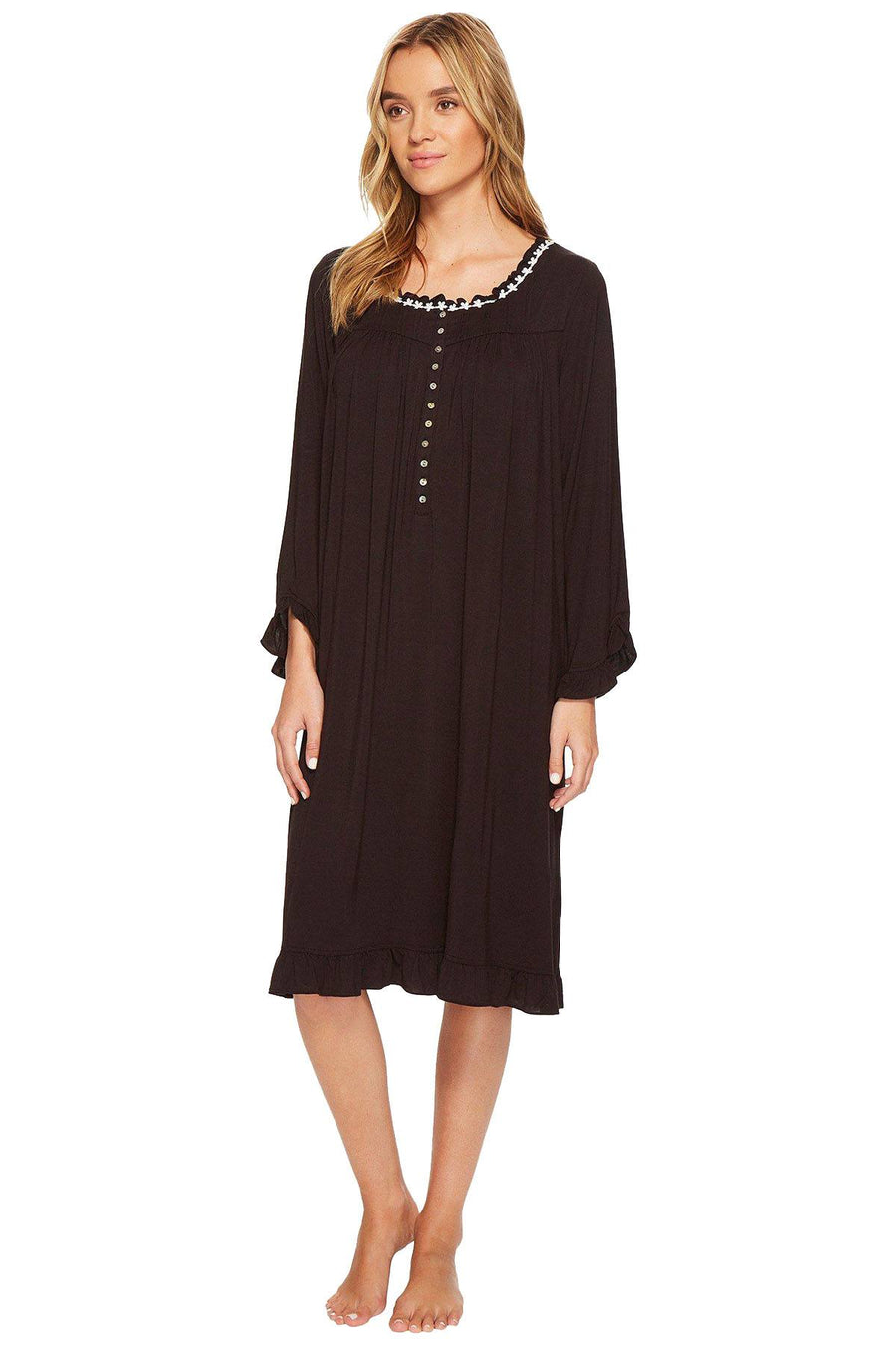 Eileen West Black/White-Trim Long-Sleeve Waltz Nightgown