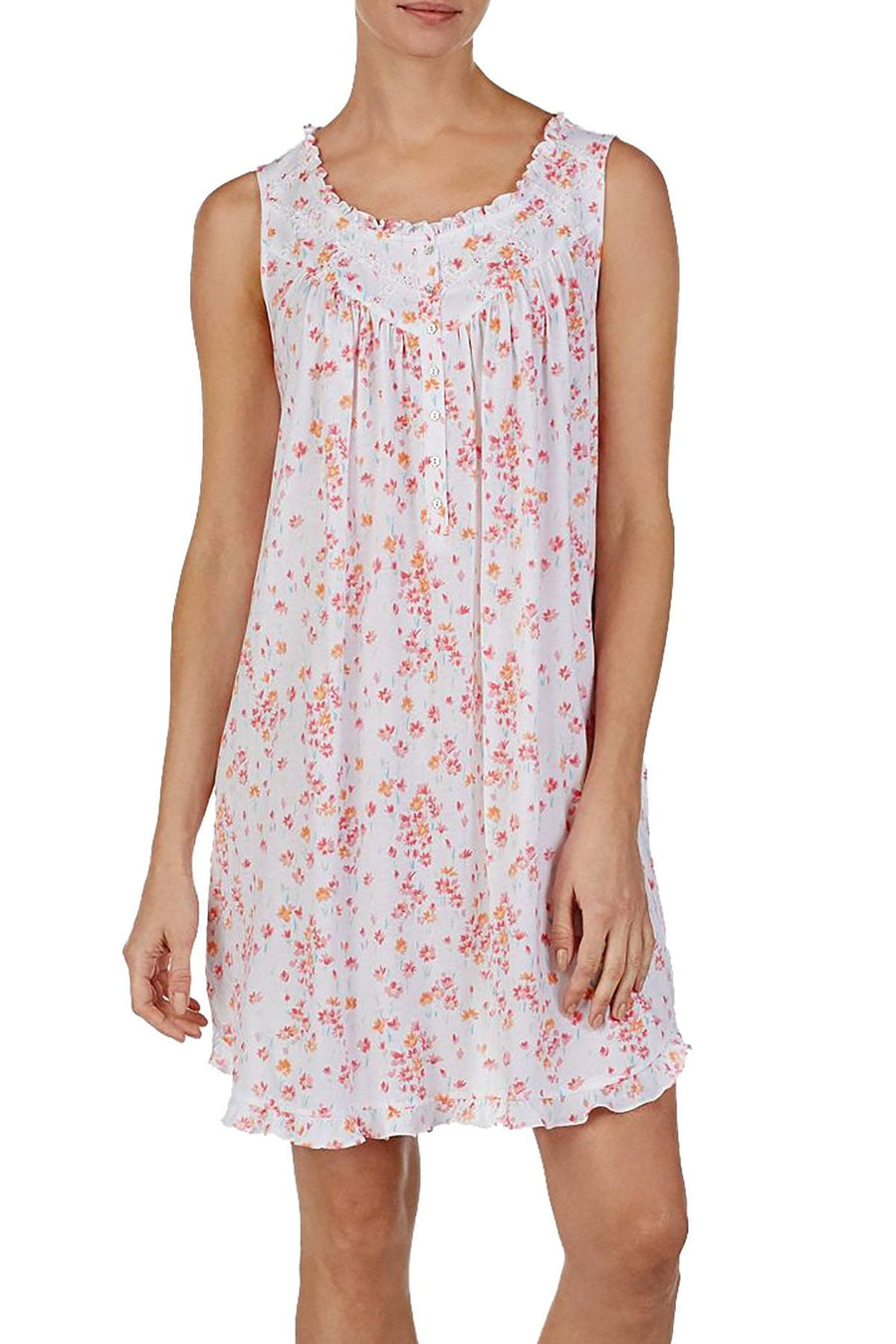 Eileen West Floral Printed Ruffled Cotton Knit Nightgown in White/Multi