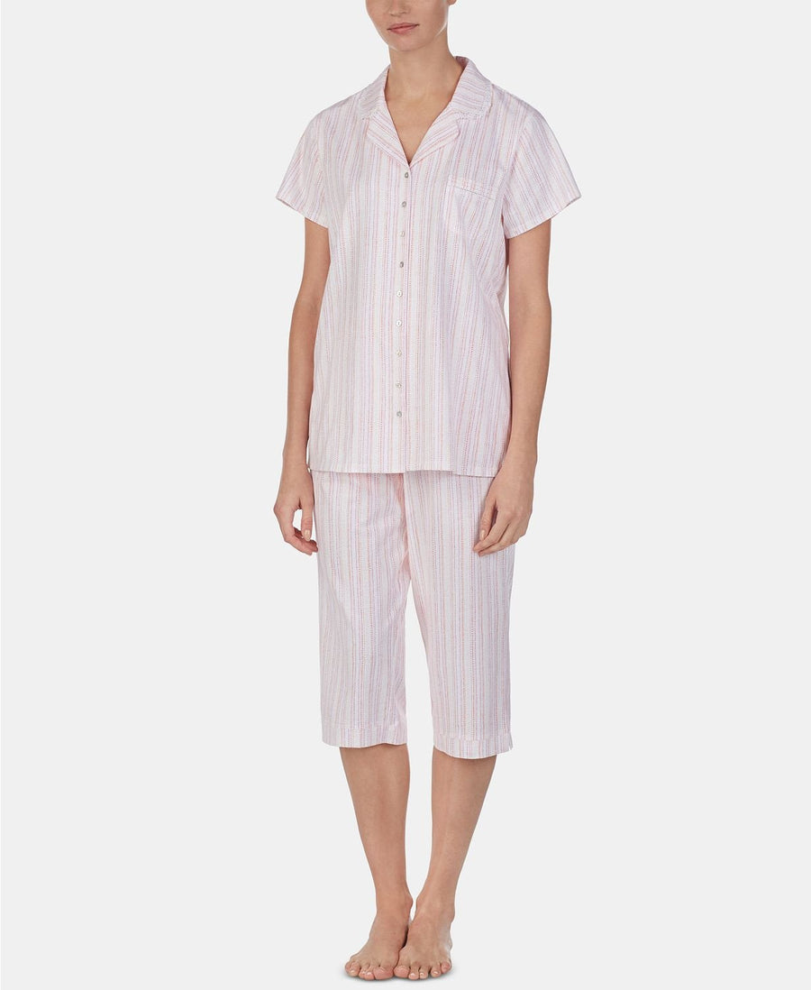 Eileen West Lace Trim Top/Capri Pant Cotton Knit PJ Set in Pink Geo