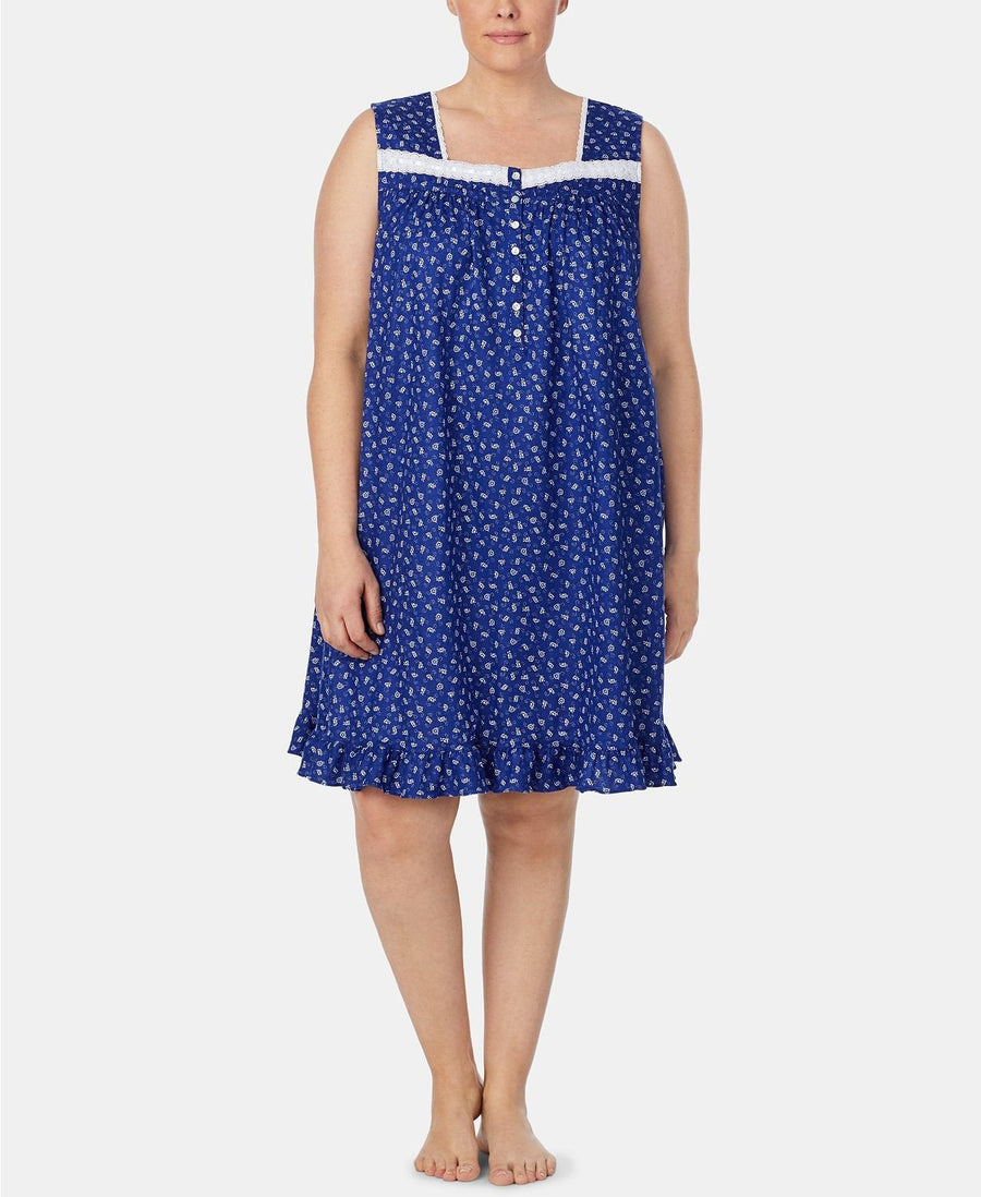 Eileen West PLUS Eyelet Trim Printed Cotton Knit Nightgown in Navy