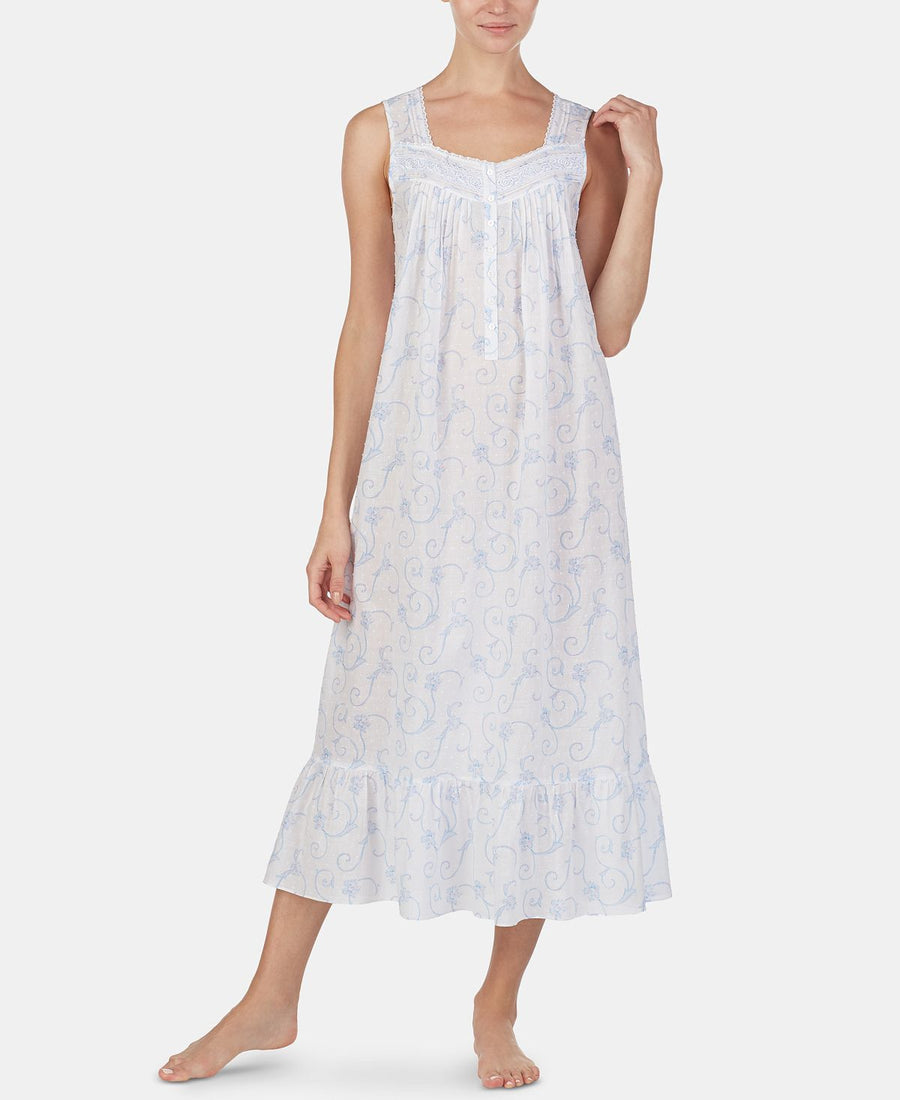 Eileen West Printed Swiss Dot Cotton Ballet-length Nightgown White Blue