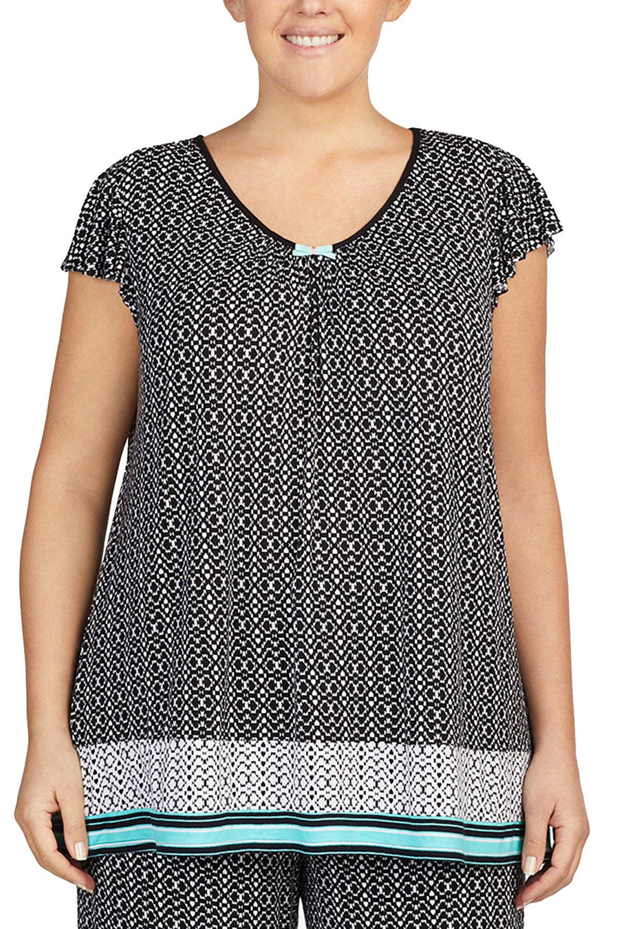 Ellen Tracy PLUS Printed Ruffle Sleeve Top in Black/Turquoise