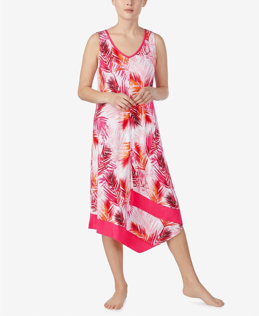 Ellen Tracy Printed Asymmetrical Midi Nightgown in White/Pink