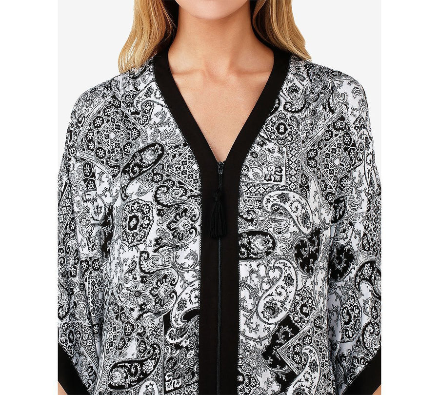 Ellen Tracy Zip-front Printed Caftan White Grid