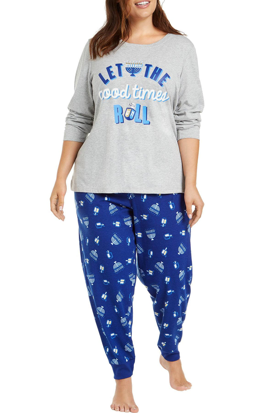 Family PJs PLUS Let The Good Times Roll Hanukkah Pajama Set in Gray/Blue