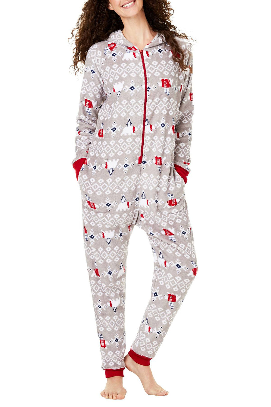 Family PJs Women's Holiday Hooded Onesie in Polar Bear Grey