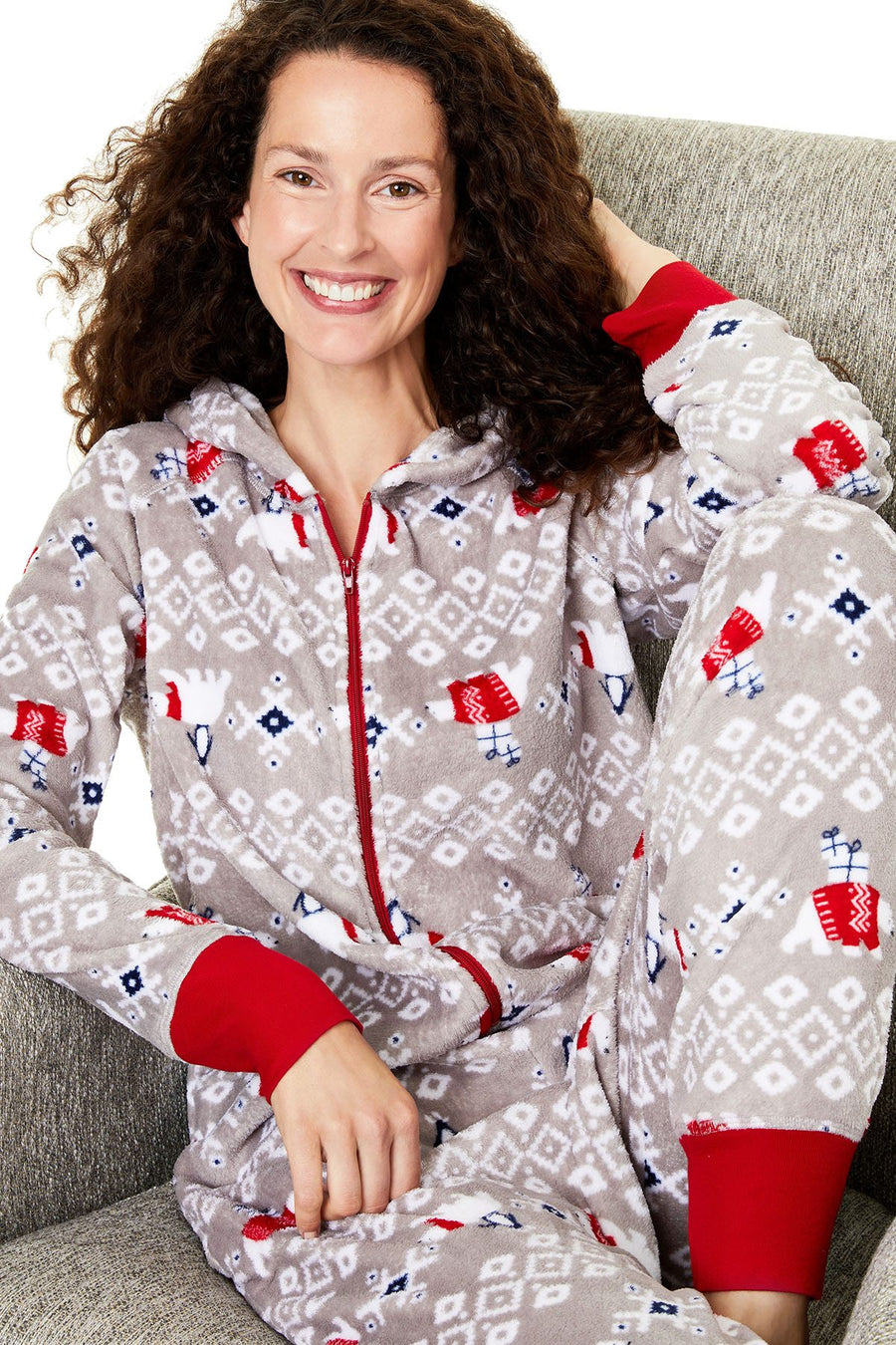 Family PJs Women's Holiday Hooded Onesie in Polar Bear Grey