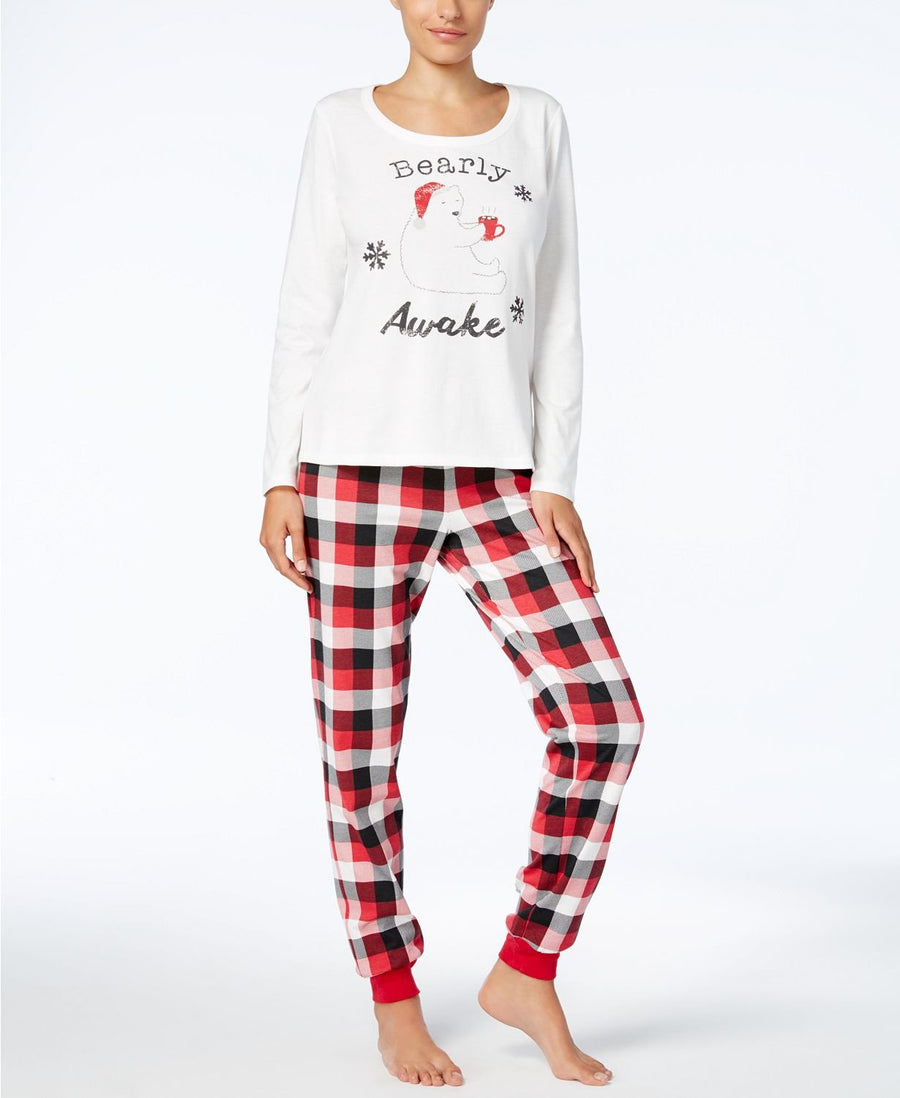 Family PJs Women's Winter Pajama Set in Bearly Awake White/Buffalo Plaid