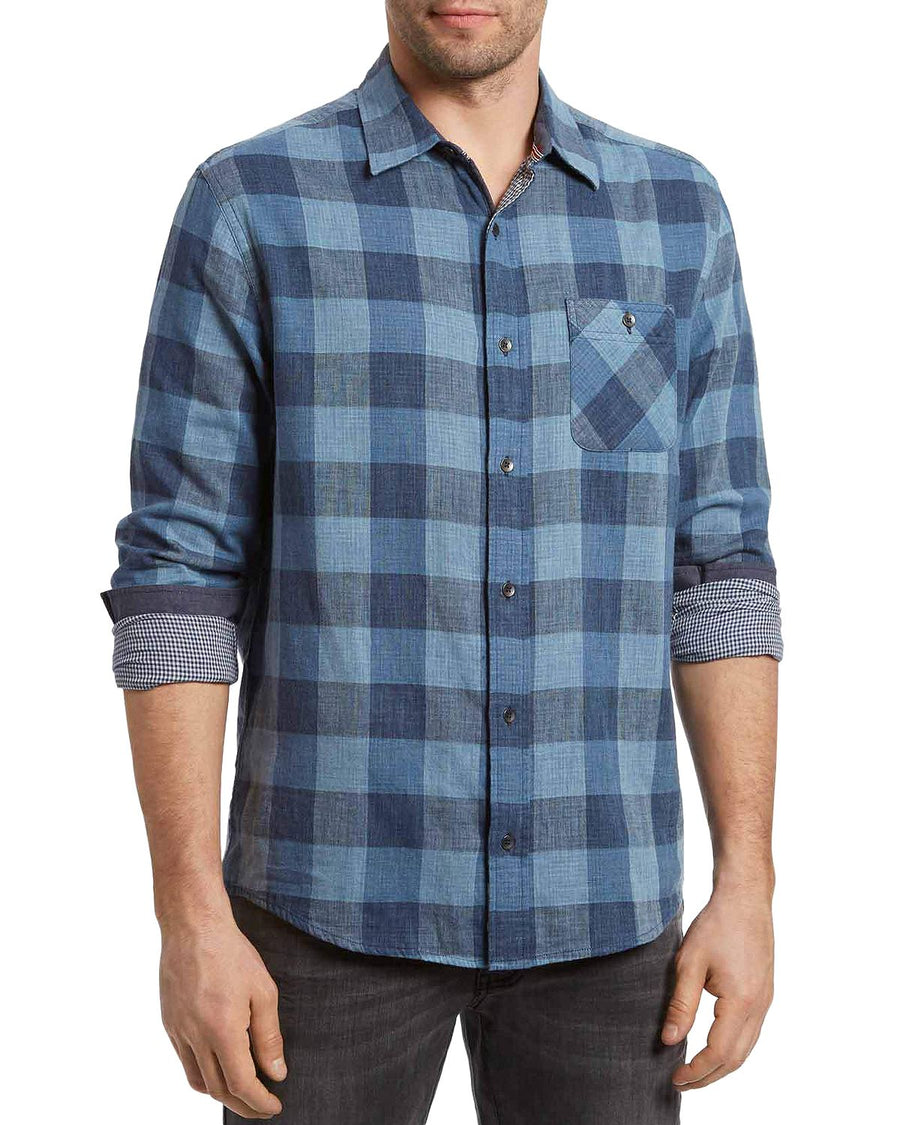 Flag & Anthem Delphi Cotton Heathered Plaid Slim Fit Button-up Shirt Blue