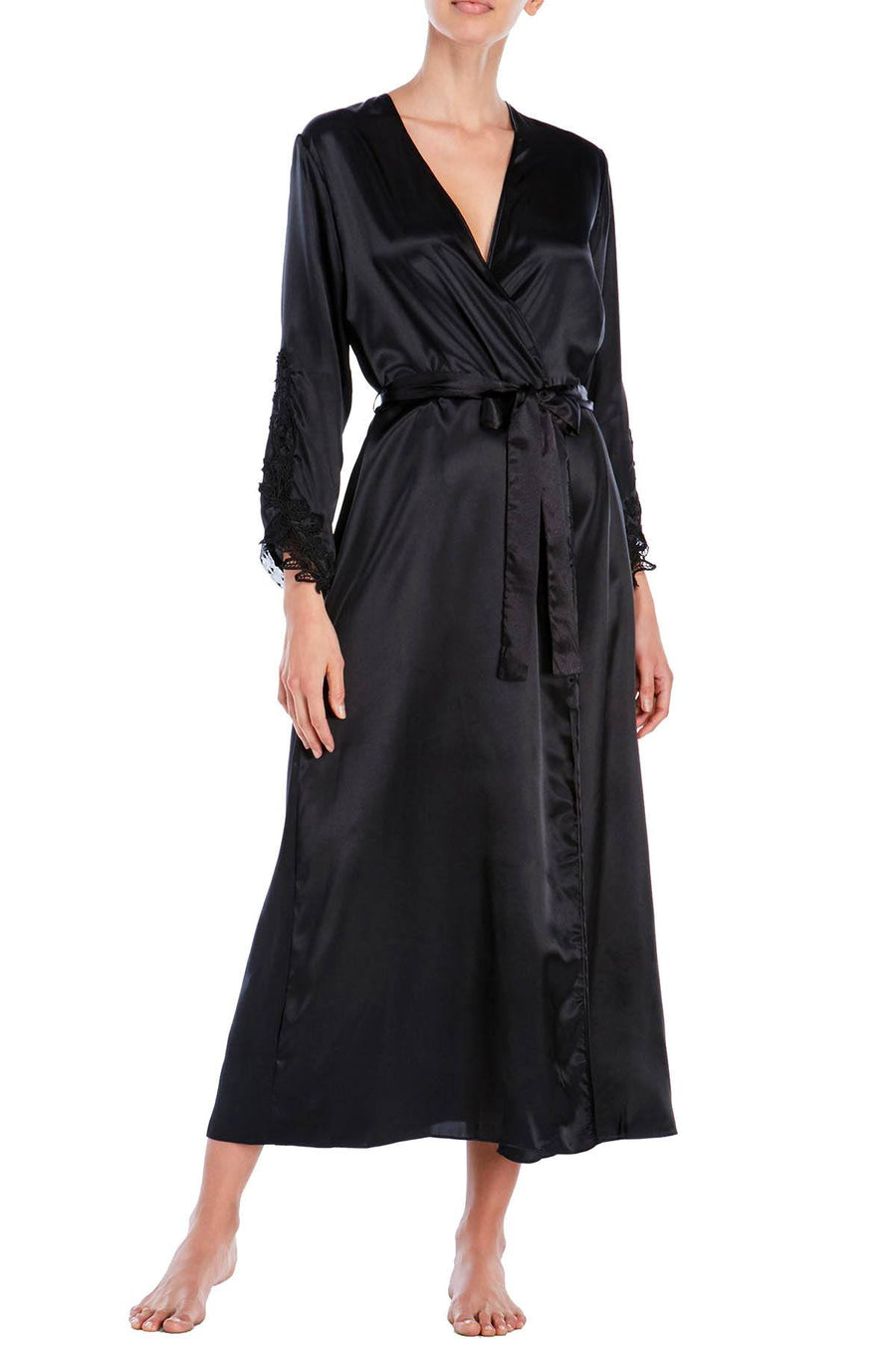 Flora By Flora Nikrooz PLUS Stella Satin Venise Lace Trim Long Robe in Black