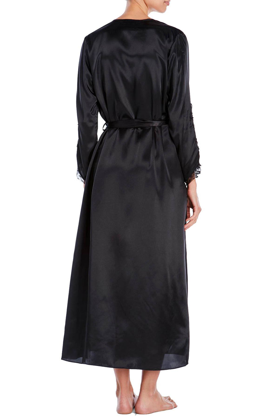 Flora By Flora Nikrooz PLUS Stella Satin Venise Lace Trim Long Robe in Black