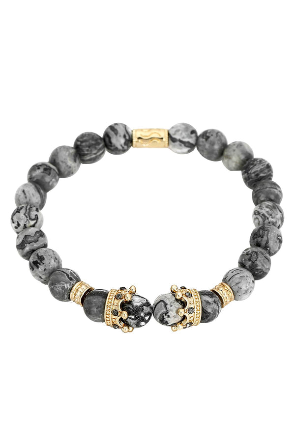 Gold Imperial Crown/Picasso Jasper Marble/Pavé Black CZ Bracelet