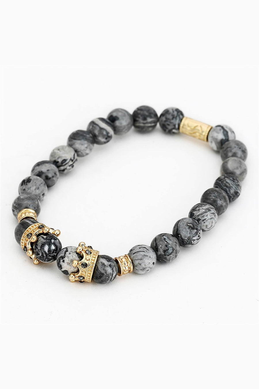 Gold Imperial Crown/Picasso Jasper Marble/Pavé Black CZ Bracelet