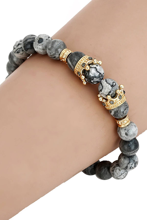 Gold Imperial Crown/Picasso Jasper Marble/Pavé Black CZ Bracelet