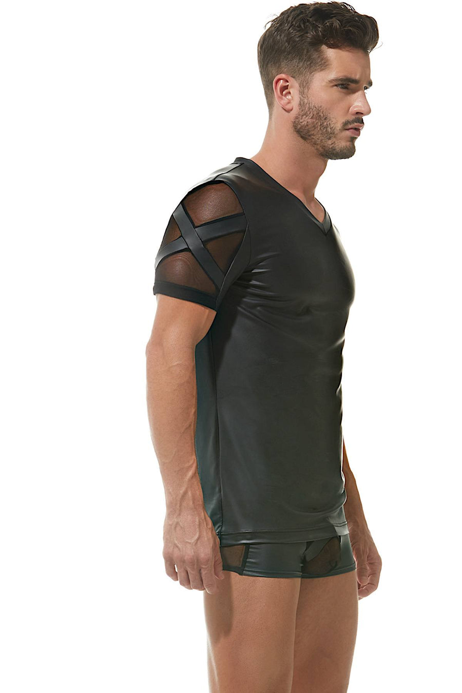Gregg Homme Black Pleather/Mesh V-Neck X T-Shirt