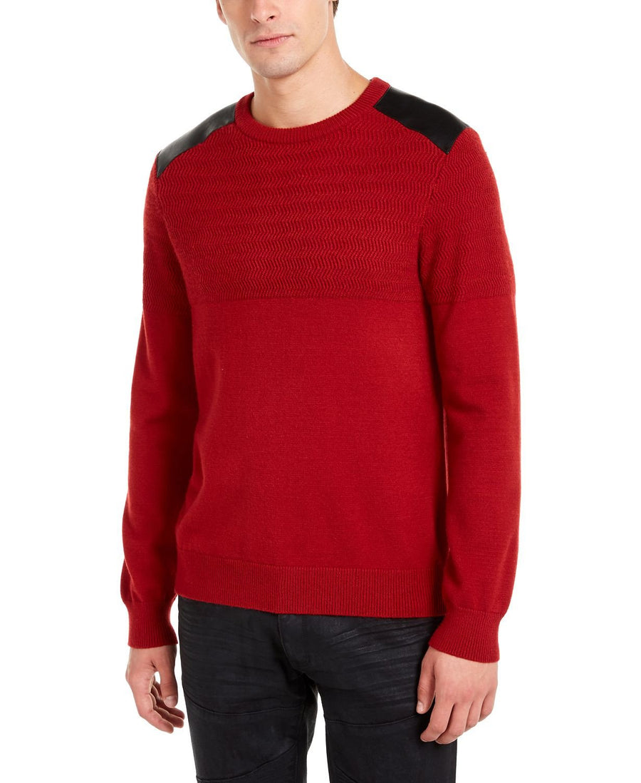 Guess Herringbone Sweater With Faux Leather Piecing Dark Red