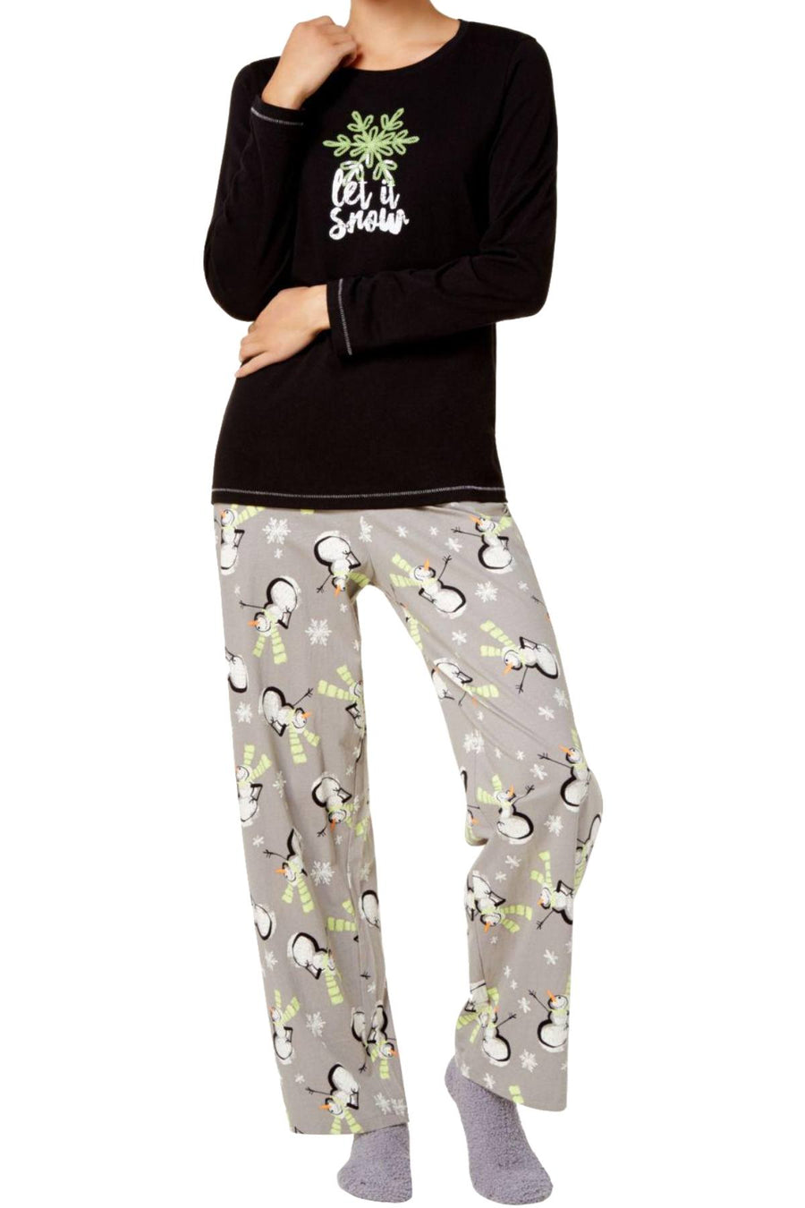 HUE Black/Grey Let-It-Snow Printed 3-Pc Pajama Set