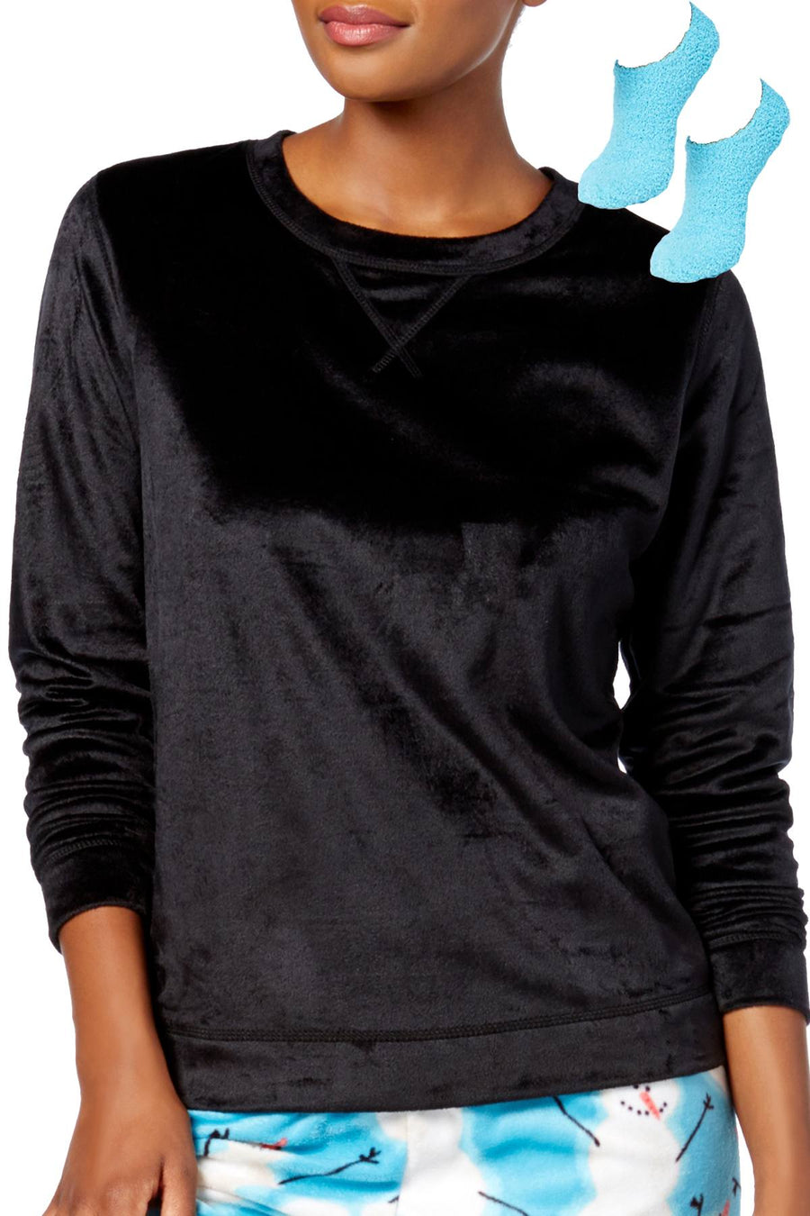 HUE Black Plush Fleece Top and Turquoise Fuzzy Slipper Socks 2-Piece Set