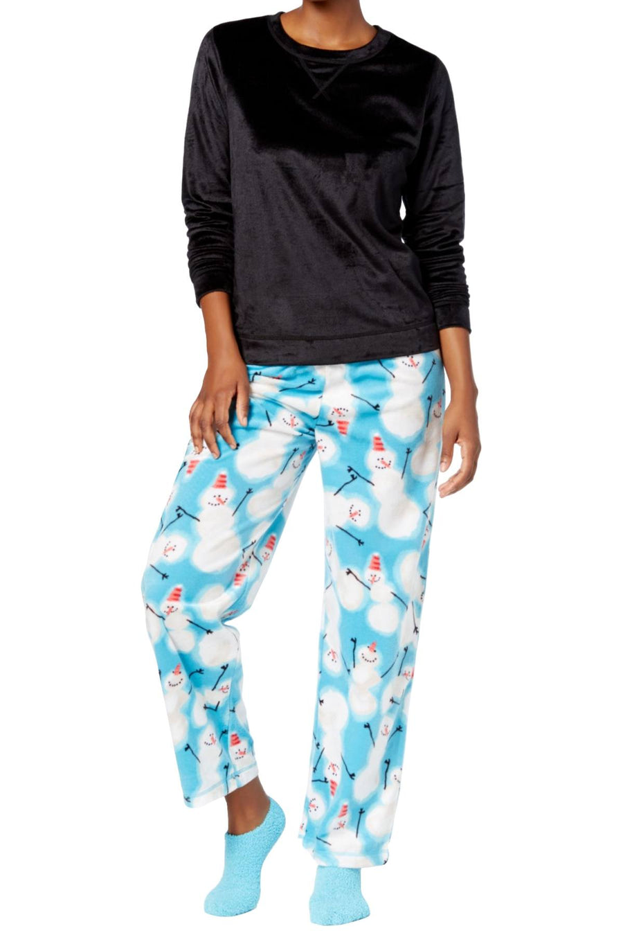 HUE Black Sueded Fleece Top and Snowman-Printed Pant 3-Piece Pajama Set