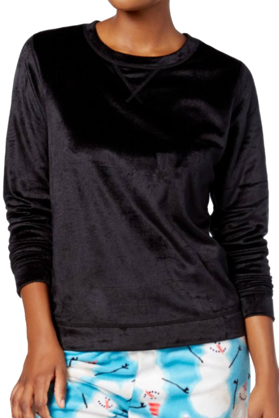 HUE Black Sueded Fleece Top and Snowman-Printed Pant 3-Piece Pajama Set