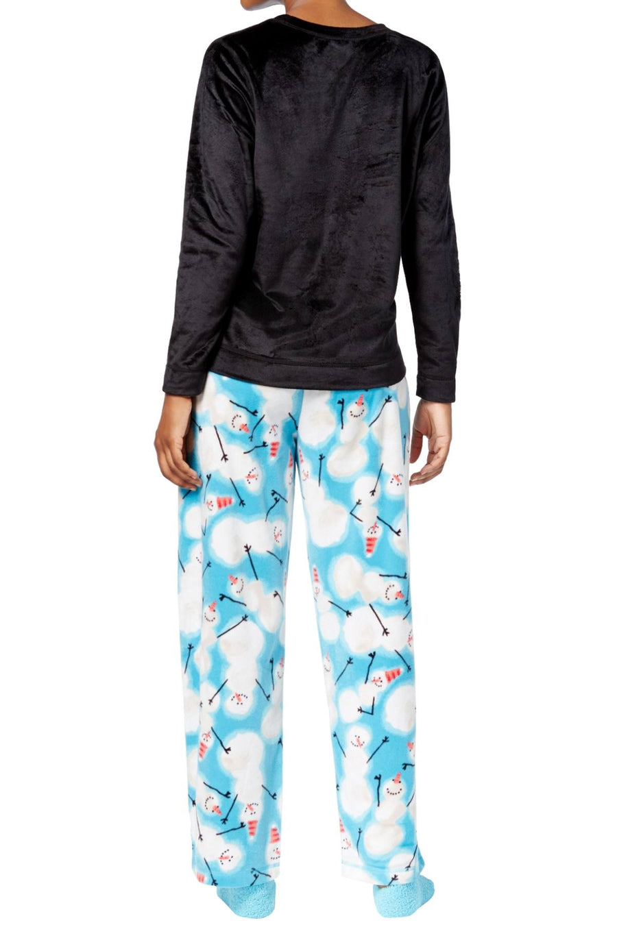 HUE Black Sueded Fleece Top and Snowman-Printed Pant 3-Piece Pajama Set