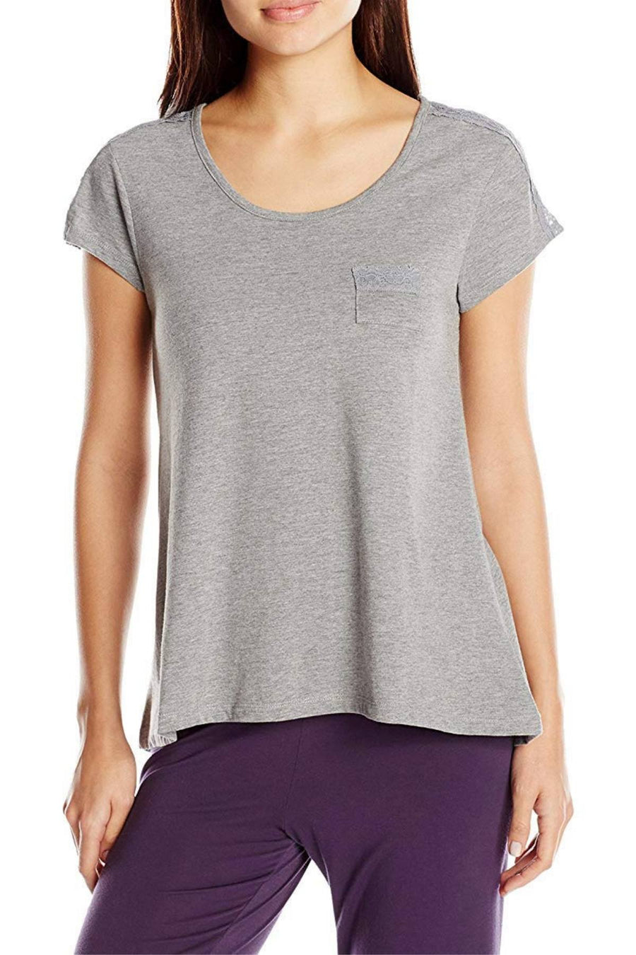 HUE Heather-Grey Short-Sleeve Lace-Trim Pajama Tee