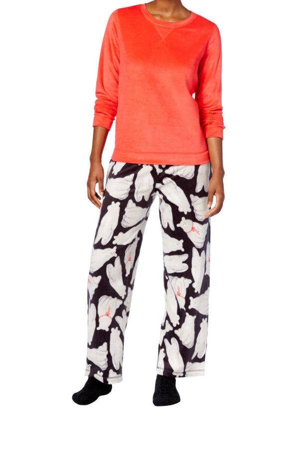 HUE Lollipop-Red Sueded Fleece Top and Bear-Printed Pant 3-Piece Pajama Set