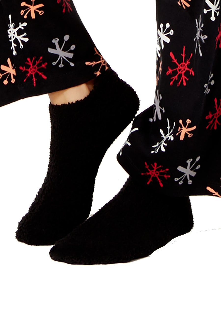 HUE Lollipop-Red Sueded Fleece Top and Black Fuzzy Slipper Socks 2-Piece Set