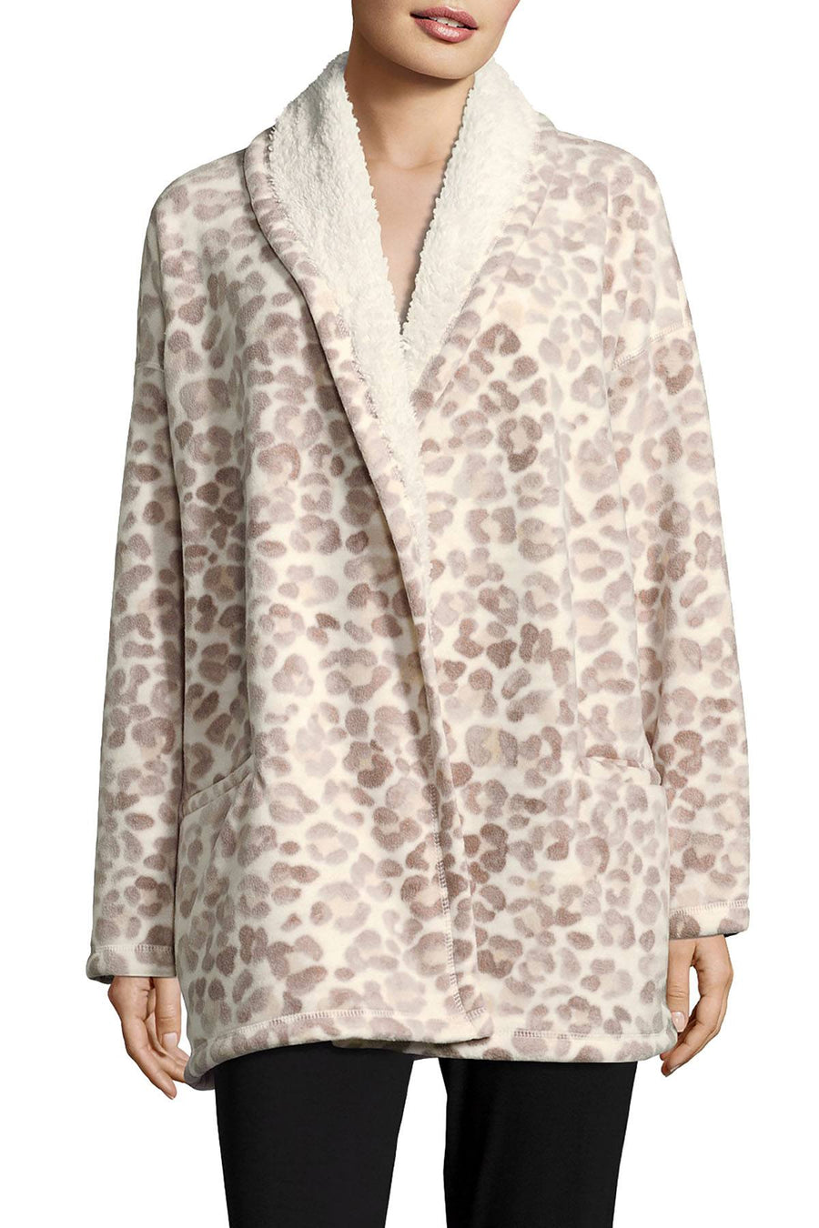 HUE Off-White/Beige Leopard Illusion Cozy Open-Front Robe