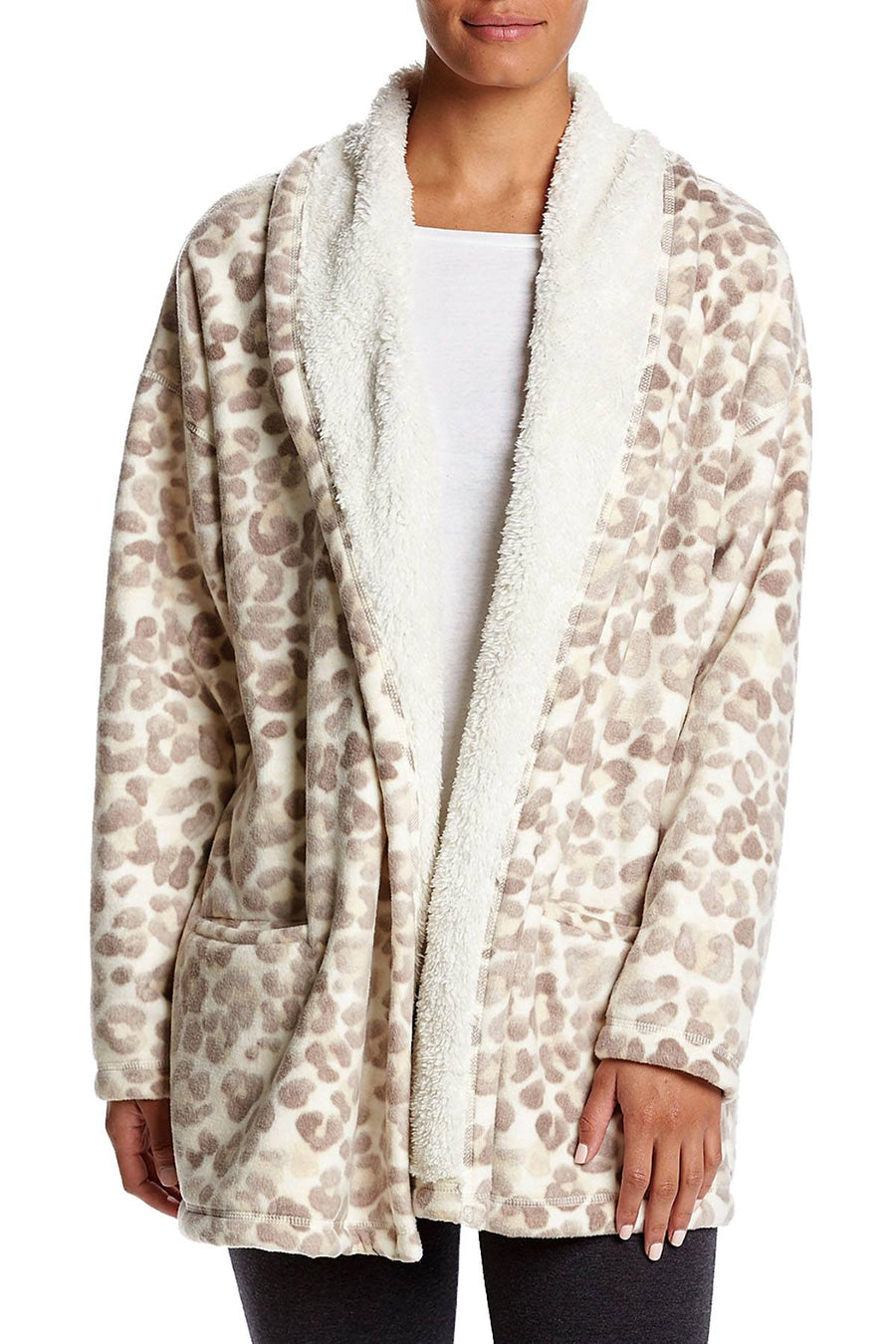 HUE Off-White/Beige Leopard Illusion Cozy Open-Front Robe