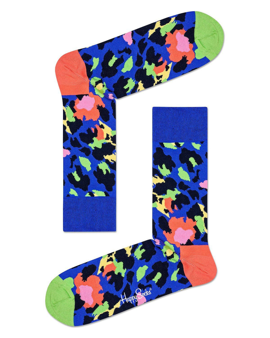 Happy Socks Color-blocked Leopard Crew Socks Blue Multi