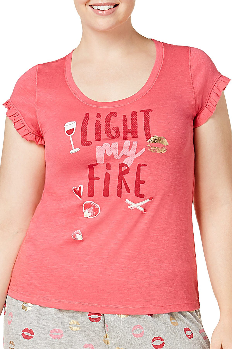 Hue Honeysuckle Light My Fire Graphic-Print Ruffle-Sleeve Lounge Tee