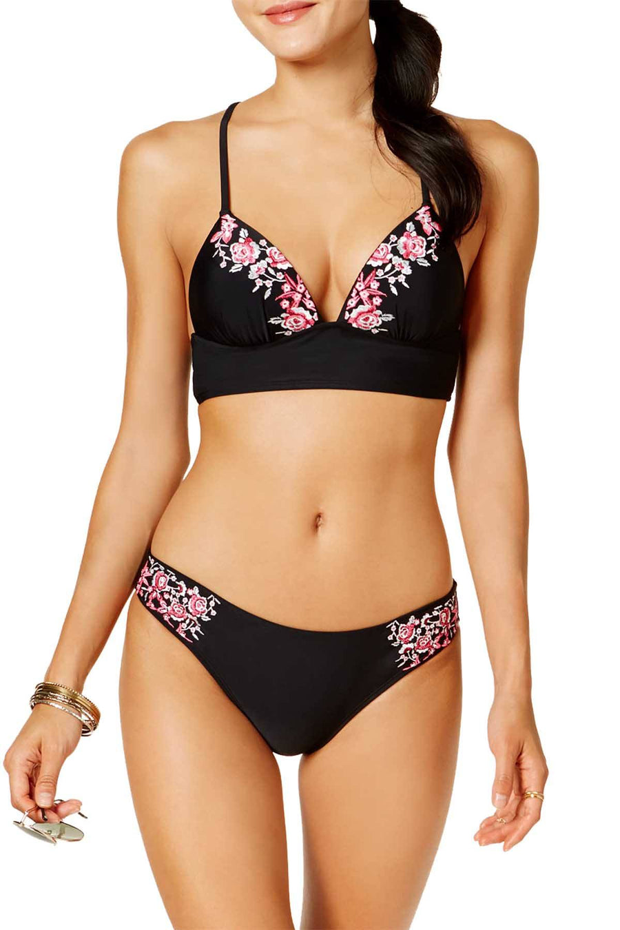 Hula Honey Black Flourishing Bloom Embroidered Hipster Bikini Bottom