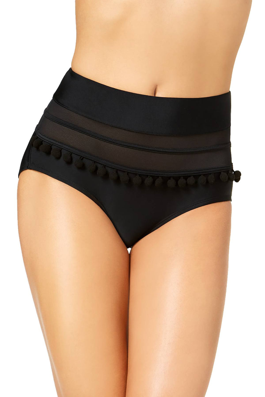 Hula Honey Black Mesh-Insert Pom Pom High-Waist Bikini Bottom