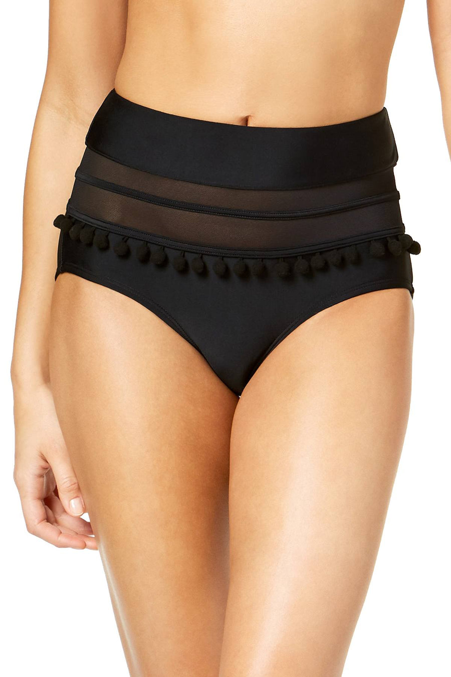 Hula Honey Black Mesh-Insert Pom Pom High-Waist Bikini Bottom