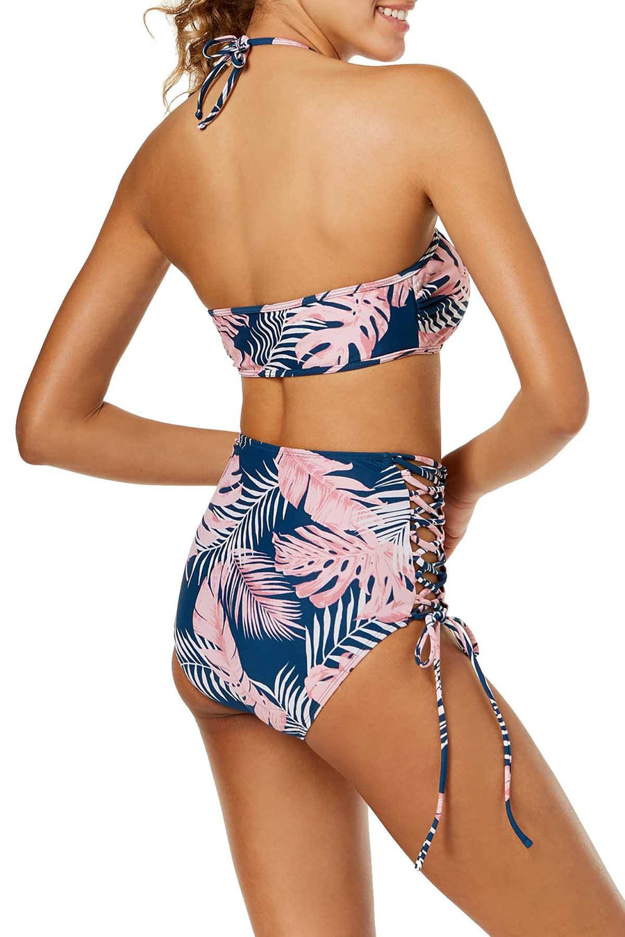 Hula Honey Blue/Pink Paradise Leaves Printed High Waisted Bikini Bottom