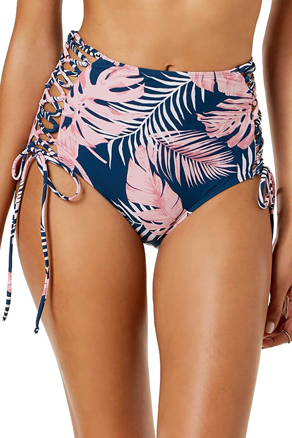 Hula Honey Blue/Pink Paradise Leaves Printed High Waisted Bikini Bottom