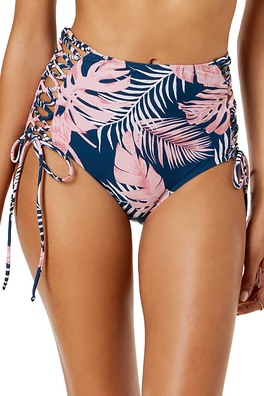 Hula Honey Blue/Pink Paradise Leaves Printed High Waisted Bikini Bottom
