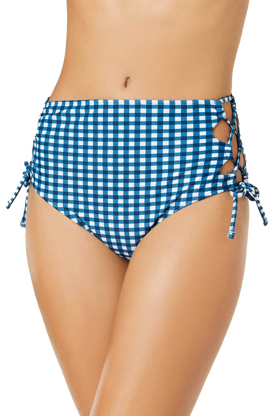 Hula Honey High Waist Lace Up Bikini Bottom in Blue Picnic Gingham